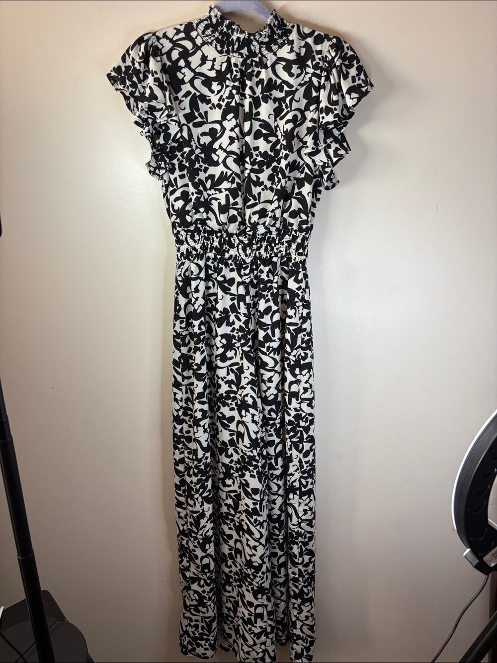 STATE Black and White Floral Maxi Jumper with Smocked Waist